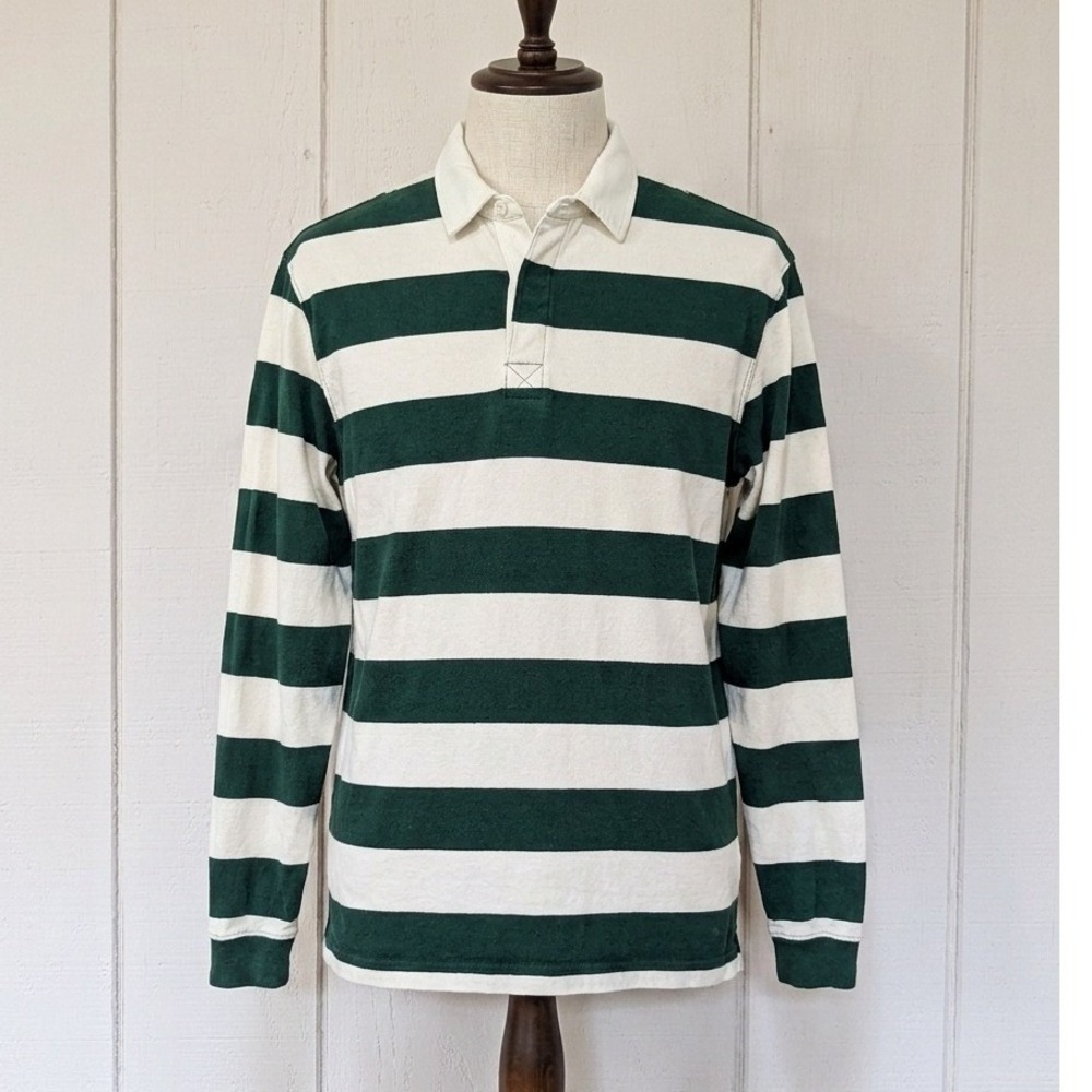 Y2K Faded Glory Mens Green Striped Long Sleeve Rugby Shirt Size M Blokecore